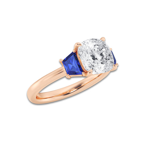 Camellia 3 ctw Cushion Lab Grown Diamond and 5.5x3.3x2.2 mm Trapezoid Created Sapphire Three-Stone Ring 14K Rose Gold, D, VVS | IGI Certified, 3 ct Center