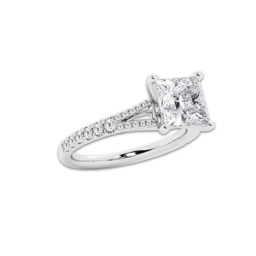 2.83 ctw Princess Lab-Grown Diamond Split Shank Side Stone Engagement Ring in Platinum for Women | Colorless E, VS1 Clarity, IGI Certified 2.50 ct Center Diamond