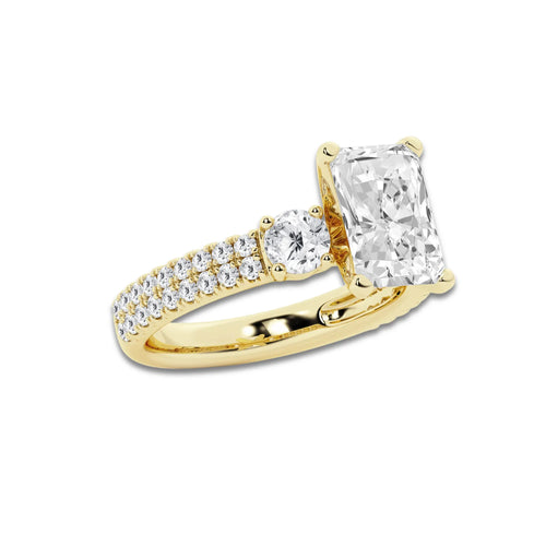 3.50 ctw Radiant Lab-Grown Diamond Three Stone Double Row Engagement Ring in 14K Yellow Gold for Women | E Color, VS1 Clarity, IGI Certified 2.50 ct Center Diamond