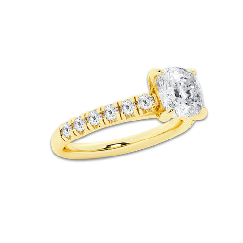 1.91 ctw Cushion Lab-Grown Diamond Pave Engagement Ring in 14K Yellow Gold for Women | E Color, VS1 Clarity, IGI Certified 1.50 ct Center Diamond