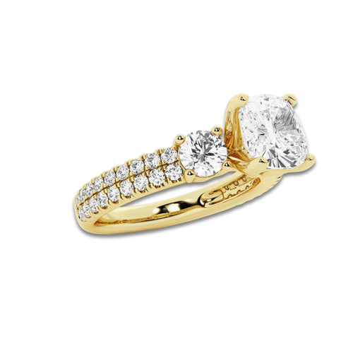 2.25 ctw Cushion Lab-Grown Diamond Three Stone Double Row Engagement Ring in 14K Yellow Gold for Women | D Color, VVS1 Clarity, IGI Certified 1.50 ct Center Diamond