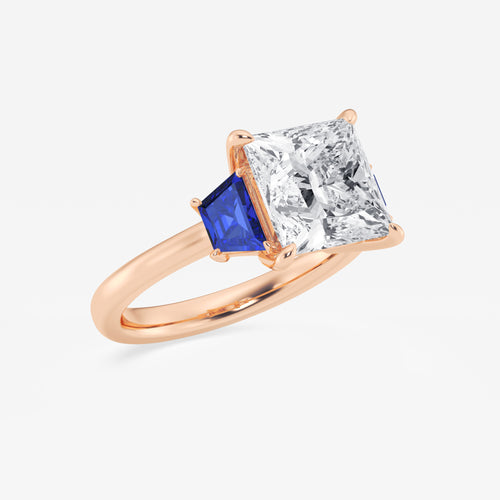 Camellia 4 ctw Princess Lab Grown Diamond and 5.5x3.3x2.2 mm Trapezoid Created Sapphire Three-Stone Ring 14K Rose Gold, E, VS1 | IGI Certified, 4 ct Center