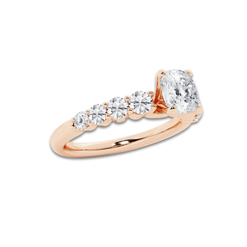 1.29 Ct Cushion Lab-Grown Diamond Half Eternity Engagement Ring in 14K Rose Gold for Female, Colorless (E), VS1 Clarity | IGI Certified, 0.75 Ct Center Diamond