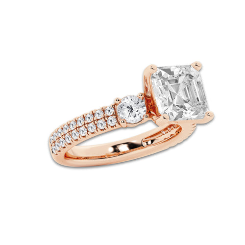 4.46 ctw Asscher Lab-Grown Diamond Three Stone Double Row Engagement Ring in 14K Rose Gold for Women | E Color, VS1 Clarity, IGI Certified 3.50 ct Center Diamond
