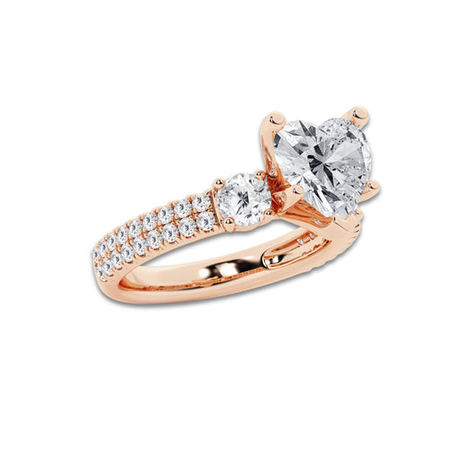 4.00 ctw Heart Lab-Grown Diamond Three Stone Double Row Engagement Ring in 14K Rose Gold for Women | D Color, VVS1 Clarity, IGI Certified 3.00 ct Center Diamond