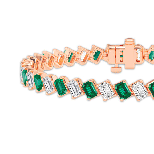 13 ctw Emerald Lab Grown Diamond Diagonal Tennis Bracelet with Created Emerald - 7 Inches 14K Rose Gold