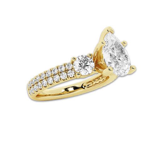 3.00 ctw Pear Lab-Grown Diamond Three Stone Double Row Engagement Ring in 14K Yellow Gold for Women | E Color, VS1 Clarity, IGI Certified 2.00 ct Center Diamond
