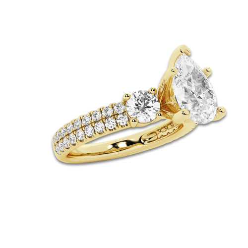 2.25 ctw Pear Lab-Grown Diamond Three Stone Double Row Engagement Ring in 14K Yellow Gold for Women | D Color, VVS1 Clarity, IGI Certified 1.50 ct Center Diamond