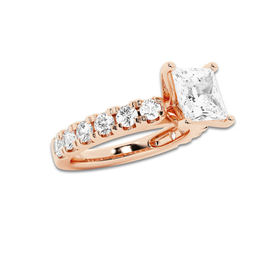 3.00 ctw Princess Lab-Grown Diamond Split-Prong Set Side Stone Engagement Ring in 14K Rose Gold for Women | Colorless D, VVS1 Clarity, IGI Certified 2.00 ct Center Diamond