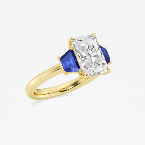 Camellia 3 ctw Radiant Lab Grown Diamond and 5.5x3.3x2.2 mm Trapezoid Created Sapphire Three-Stone Ring 14K Yellow Gold, E, VS1 | IGI Certified, 3 ct Center