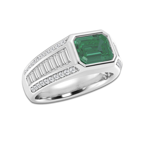 9x7 mm Emerald Cut Created Emerald & 1 1/3 Baguette and Round Lab Grown Diamond Side Stones Engagement Ring 14K White Gold