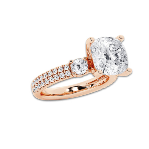 5.96 ctw Cushion Lab-Grown Diamond Three Stone Double Row Engagement Ring in 14K Rose Gold for Women | D Color, VVS1 Clarity, IGI Certified 5.00 ct Center Diamond