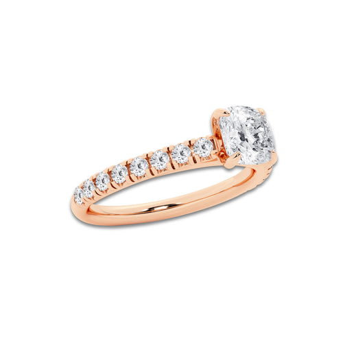 1.14 ctw Cushion Lab-Grown Diamond Pave Engagement Ring in 14K Rose Gold for Women | E Color, VS1 Clarity, IGI Certified 0.75 ct Center Diamond