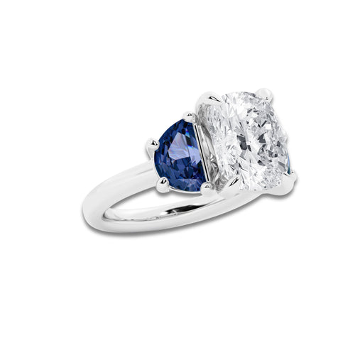 Snowdrop 4 ctw Elongated Cushion Lab Grown Diamond and 8.0x4.8mm Half Moon Shape Created Alexandrite Three Stone Engagement Ring 14K White Gold, D, VVS | IGI Certified, 4 ct Center