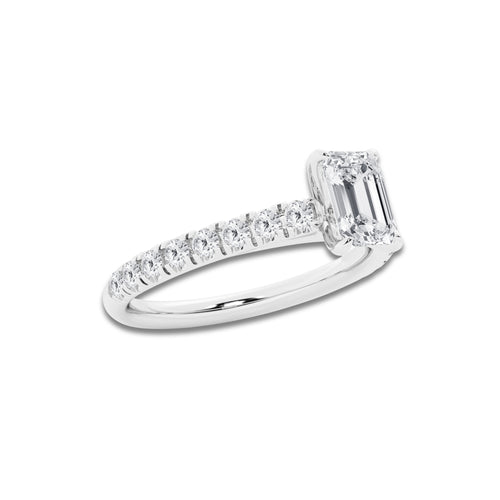 0.89 ctw Emerald Lab-Grown Diamond Pave Engagement Ring in Platinum for Women | E Color, VS1 Clarity, IGI Certified 0.50 ct Center Diamond