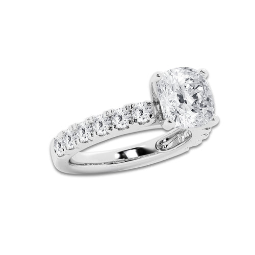 4.00 ctw Cushion Lab-Grown Diamond Split-Prong Set Side Stone Engagement Ring in 14K White Gold for Women | Colorless D, VVS1 Clarity, IGI Certified 3.00 ct Center Diamond