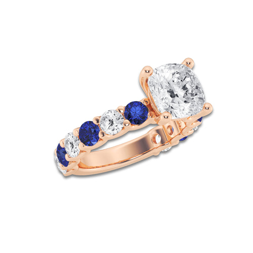 Olivia 3 1/2 ctw Cushion Lab Grown Diamond and 3.5mm Round Created Sapphire Side Stone Engagement Ring 14K Rose Gold, D, VVS | IGI Certified, 2 1/2 ct Center