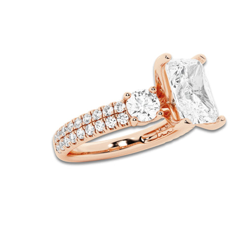 1.75 ctw Radiant Lab-Grown Diamond Three Stone Double Row Engagement Ring in 14K Rose Gold for Women | D Color, VVS1 Clarity, IGI Certified 1.00 ct Center Diamond
