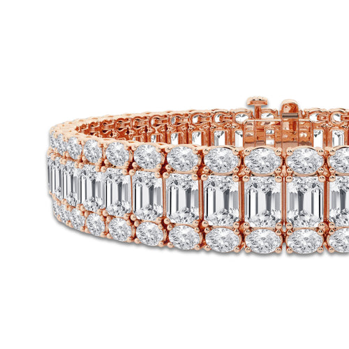 25 1/2 ctw Emerald Lab Grown Diamond Three Row Bracelet - 7 Inches 14K Rose Gold, DE, VS1