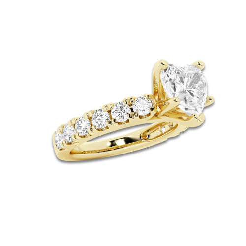 2.50 ctw Heart Lab-Grown Diamond Split-Prong Set Side Stone Engagement Ring in 14K Yellow Gold for Women | Colorless E, VS1 Clarity, IGI Certified 1.50 ct Center Diamond