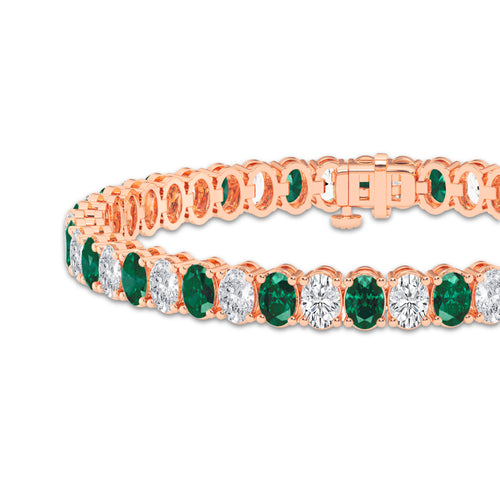 12 ctw Oval Created Emerald and Oval Lab Grown Diamond Four-Prong Tennis Bracelet - 7 Inches 14K Rose Gold