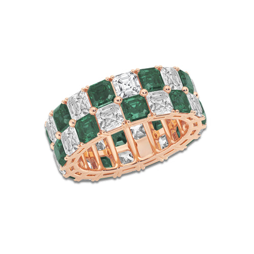 Celeste 3.6x3.6 mm Asscher Cut Created Emerald and 5 1/2 ctw Asscher Lab Grown Diamond Alternating Two Row Eternity Band - 7.4mm Width 14K Rose Gold