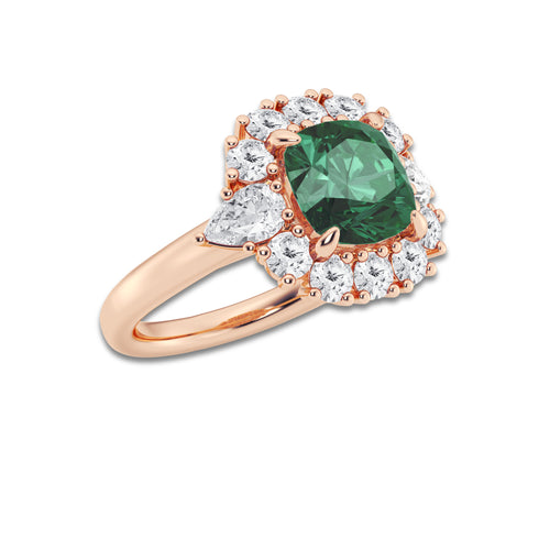 Bluet 4 1/3 ctw Cushion Cut Emerald with Round & Pear Lab Grown Diamond Halo Engagement Ring 14K Rose Gold | 3 ct Center