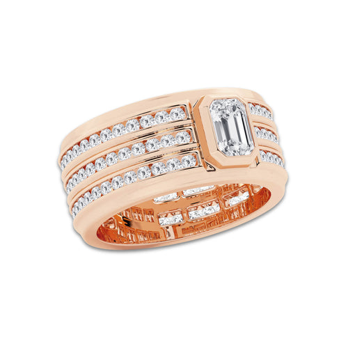 3 ctw Emerald Lab Grown Diamond Men's Three Row Eternity Band - 10.5mm Width 14K Rose Gold, E, VS1 | IGI Certified, 1 ct Center