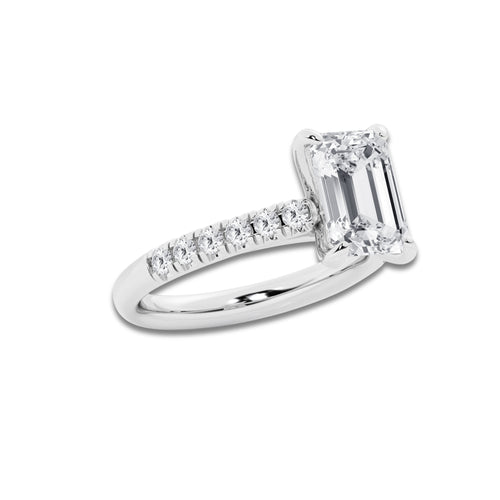 3.40 ctw Emerald Lab-Grown Diamond Pave Engagement Ring in 14K White Gold for Women | D Color, VVS1 Clarity, IGI Certified 3.00 ct Center Diamond