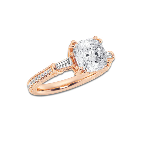 Margaret 2 1/2 ctw Cushion Lab Grown Diamond Old Mine Cut Filigree with Baguettes Side Stone Engagement Ring 14K Rose Gold, EF, VS2 | IGI Certified, 2 ct Center
