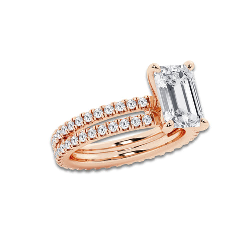 3.89 ctw Emerald Lab-Grown Diamond Double Row Diamond Engagement Ring in 14K Rose Gold for Women | Colorless D, VVS1 Clarity, IGI Certified 3.00 ct Center Diamond