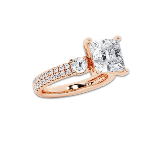 4.96 ctw Princess Lab-Grown Diamond Three Stone Double Row Engagement Ring in 14K Rose Gold for Women | E Color, VS1 Clarity, IGI Certified 4.00 ct Center Diamond
