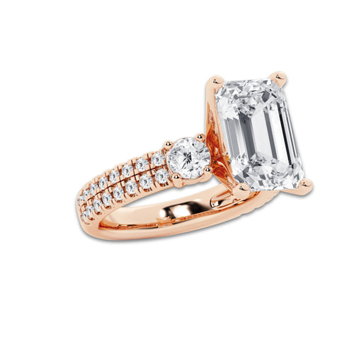 6.96 ctw Emerald Lab-Grown Diamond Three Stone Double Row Engagement Ring in 14K Rose Gold for Women | E Color, VS1 Clarity, IGI Certified 6.00 ct Center Diamond