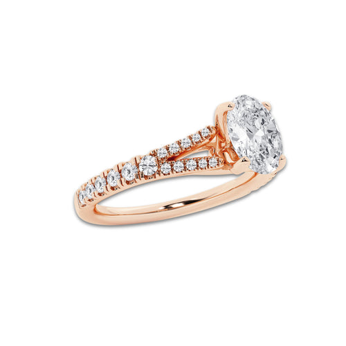 1.33 ctw Oval Lab-Grown Diamond Split Shank Side Stone Engagement Ring in 14K Rose Gold for Women | Colorless E, VS1 Clarity, IGI Certified 1.00 ct Center Diamond