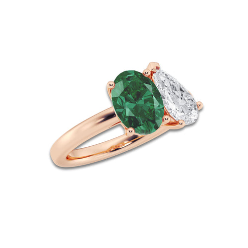Sloane 9x7mm Oval Cut Created Emerald and 1 1/2 ctw Pear Cut Lab Grown Diamond Two Stone Engagement Ring 14K Rose Gold