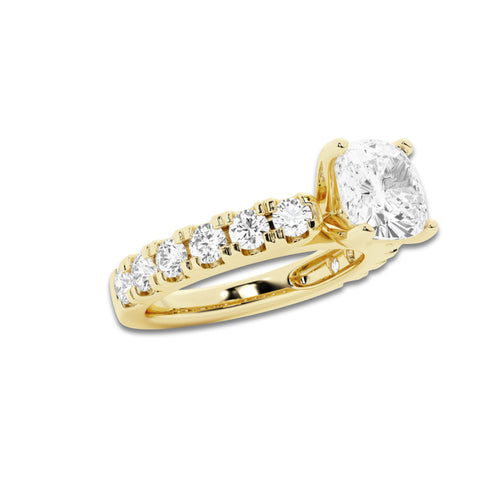 2.50 ctw Cushion Lab-Grown Diamond Split-Prong Set Side Stone Engagement Ring in 14K Yellow Gold for Women | Colorless D, VVS1 Clarity, IGI Certified 1.50 ct Center Diamond
