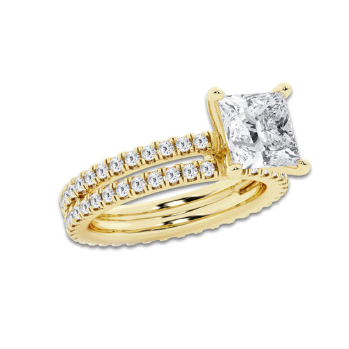 3.39 ctw Princess Lab-Grown Diamond Double Row Diamond Engagement Ring in 14K Yellow Gold for Women | Colorless D, VVS1 Clarity, IGI Certified 2.50 ct Center Diamond