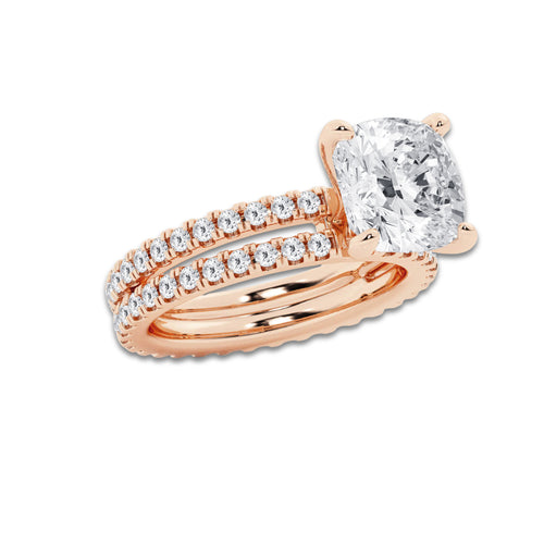 5.22 ctw Cushion Lab-Grown Diamond Double Row Diamond Engagement Ring in 14K Rose Gold for Women | Colorless D, VVS1 Clarity, IGI Certified 4.00 ct Center Diamond