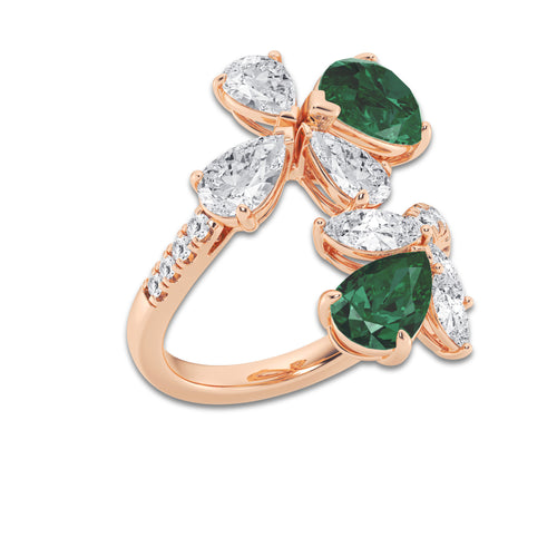 Ballet 11.48x7.06 mm and 8.5x5.6 mm Pear Shaped Created Emerald with 2 1/6 ctw Mixed Lab Grown Diamond Bypass Ring 14K Rose Gold