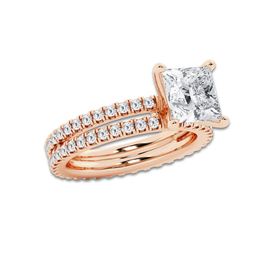 3.39 ctw Princess Lab-Grown Diamond Double Row Diamond Engagement Ring in 14K Rose Gold for Women | Colorless D, VVS1 Clarity, IGI Certified 2.50 ct Center Diamond