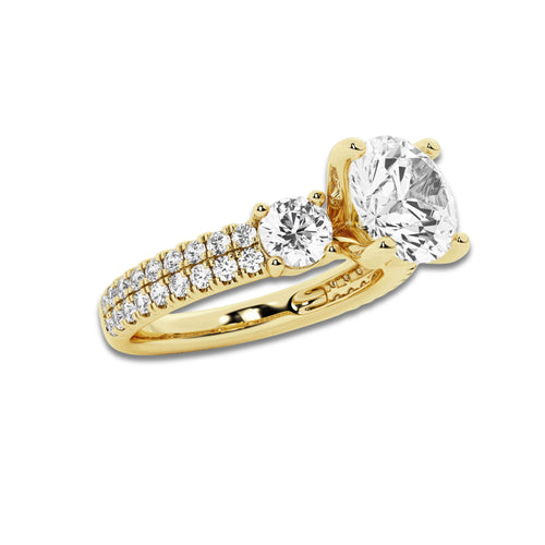 2.25 ctw Round Lab-Grown Diamond Three Stone Double Row Engagement Ring in 14K Yellow Gold for Women | D Color, VVS1 Clarity, IGI Certified 1.50 ct Center Diamond