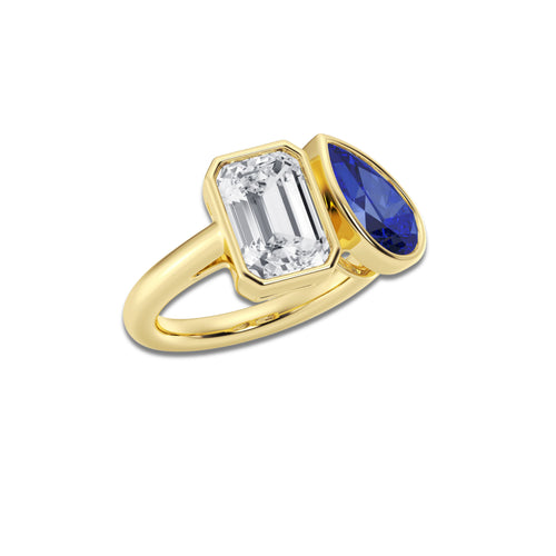 Renaissance 10x6 mm Pear Cut Created Sapphire and 2 1/2 ctw Emerald Lab Grown Diamond Bypass Two Stone Ring 18K Yellow Gold, D, VVS | IGI Certified, 2 1/2 ct Center