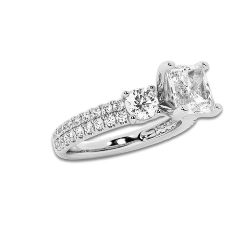 2.25 ctw Cushion Lab-Grown Diamond Three Stone Double Row Engagement Ring in Platinum for Women | E Color, VS1 Clarity, IGI Certified 1.50 ct Center Diamond