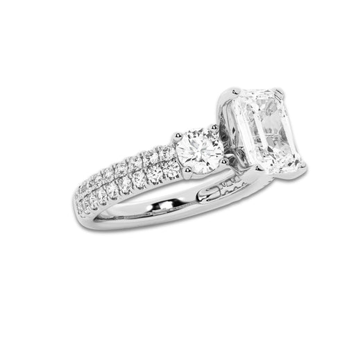 1.75 ctw Emerald Lab-Grown Diamond Three Stone Double Row Engagement Ring in 14K White Gold for Women | D Color, VVS1 Clarity, IGI Certified 1.00 ct Center Diamond
