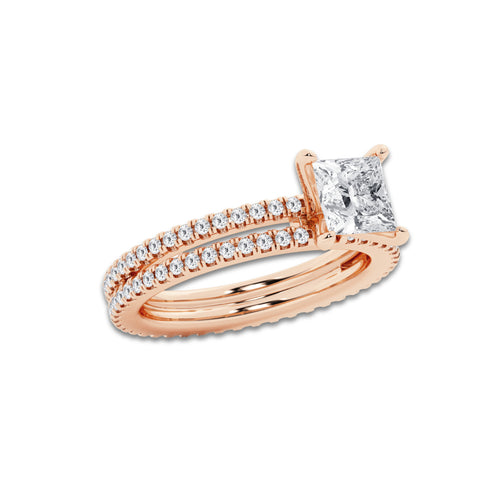 2.19 ctw Princess Lab-Grown Diamond Double Row Diamond Engagement Ring in 14K Rose Gold for Women | Colorless E, VS1 Clarity, IGI Certified 1.50 ct Center Diamond