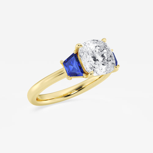 Camellia 3 ctw Cushion Lab Grown Diamond and 5.5x3.3x2.2 mm Trapezoid Created Sapphire Three-Stone Ring 14K Yellow Gold, E, VS1 | IGI Certified, 3 ct Center