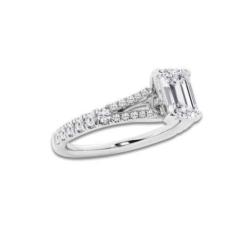 1.33 ctw Emerald Lab-Grown Diamond Split Shank Side Stone Engagement Ring in Platinum for Women | Colorless E, VS1 Clarity, IGI Certified 1.00 ct Center Diamond