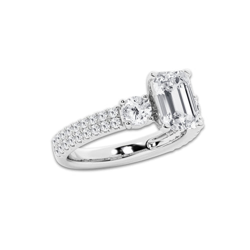 3.50 ctw Emerald Lab-Grown Diamond Three Stone Double Row Engagement Ring in Platinum for Women | D Color, VVS1 Clarity, IGI Certified 2.50 ct Center Diamond