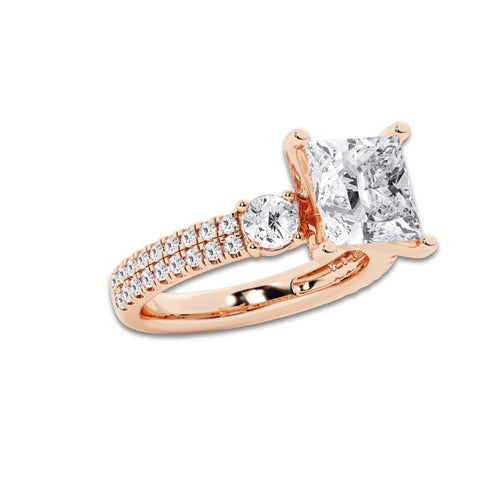 4.46 ctw Princess Lab-Grown Diamond Three Stone Double Row Engagement Ring in 14K Rose Gold for Women | D Color, VVS1 Clarity, IGI Certified 3.50 ct Center Diamond