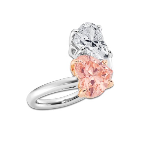 Jazz 6 ctw Fancy Pink Heart Lab Grown Diamond Two Stone Bypass Ring 14K Two-Tone White & Rose Gold | 3 ct Center